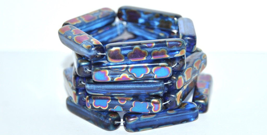 Czech Glass Pressed Beads Rectangle, Transparent Blue Flowers (30060 Flowers), Glass, Czech Republic