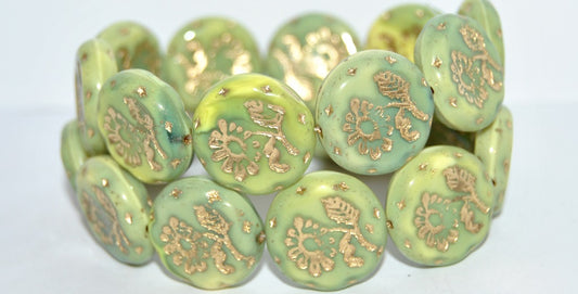 Round Flat With Flower Marguerite Pressed Glass Beads, (87553 54202), Glass, Czech Republic