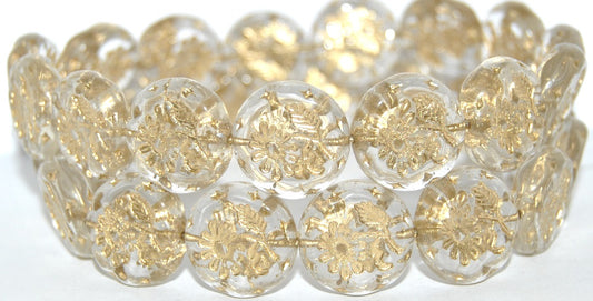 Round Flat With Flower Marguerite Pressed Glass Beads, Crystal 54202 (30 54202), Glass, Czech Republic