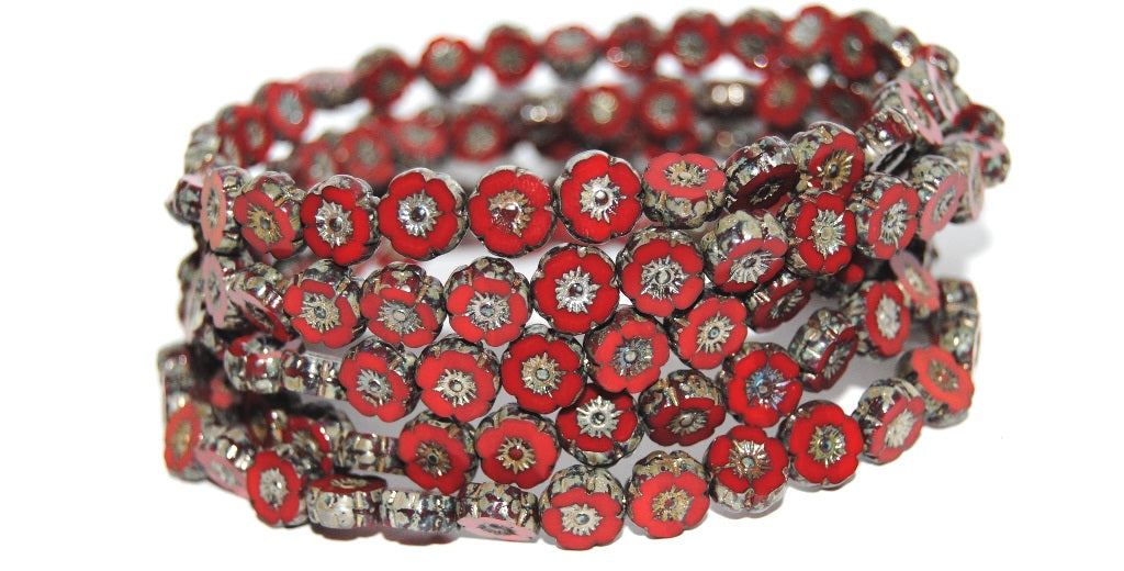 Table Cut Round Beads Hawaii Flowers, Red 43400 (93190 43400), Glass, Czech Republic