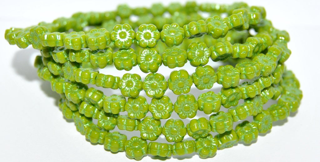 Hawaii Flower Pressed Glass Beads, Opaque Green 43813 Metalic (53400 43813 Metalic), Glass, Czech Republic