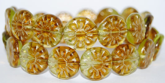 Flat Round With Flower Pressed Glass Beads, (17011 54202), Glass, Czech Republic