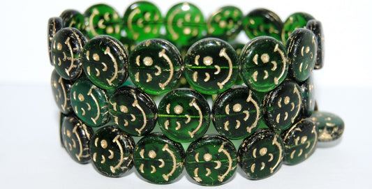 Smile Flat Round Pressed Glass Beads, Transparent Green 54202 (50130 54202), Glass, Czech Republic