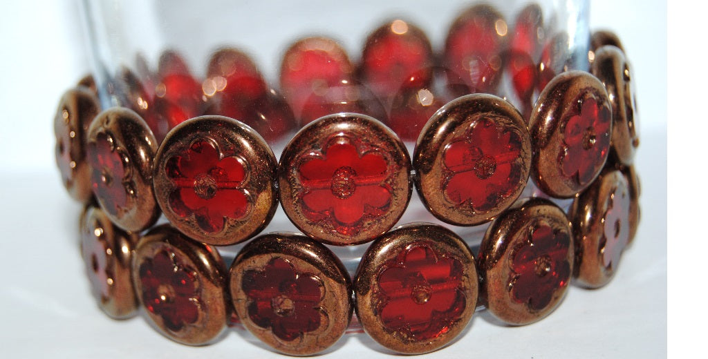 Table Cut Round Beads With Flower, Ruby Red Bronze (90080 14415), Glass, Czech Republic