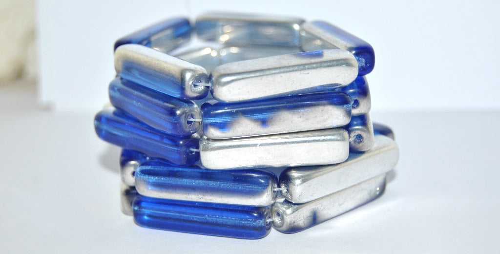 Czech Glass Pressed Beads Rectangle, Transparent Blue Crystal Silver Half Coating (30060 27001), Glass, Czech Republic