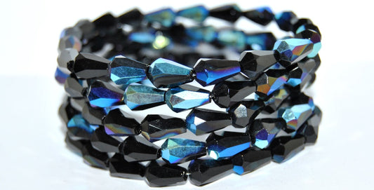 Czech Glass Faceted Fire Polished Beads Pear, Black Ab (23980 Ab), Glass, Czech Republic