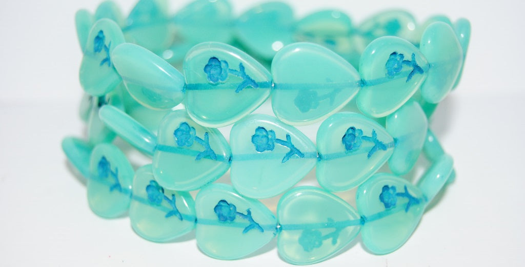 Heart Pressed Glass Beads With Flower, Opal Aqua 46460 (61100 46460), Glass, Czech Republic