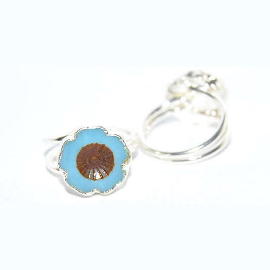 Adjustable Ring with Polished Czech Glass Bead, Hawaiian Flower 14 mm (G-19-A)