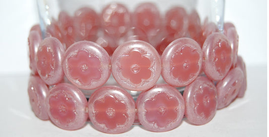 Table Cut Round Beads With Flower, Opal Pink Luster Cream (71000 14401), Glass, Czech Republic