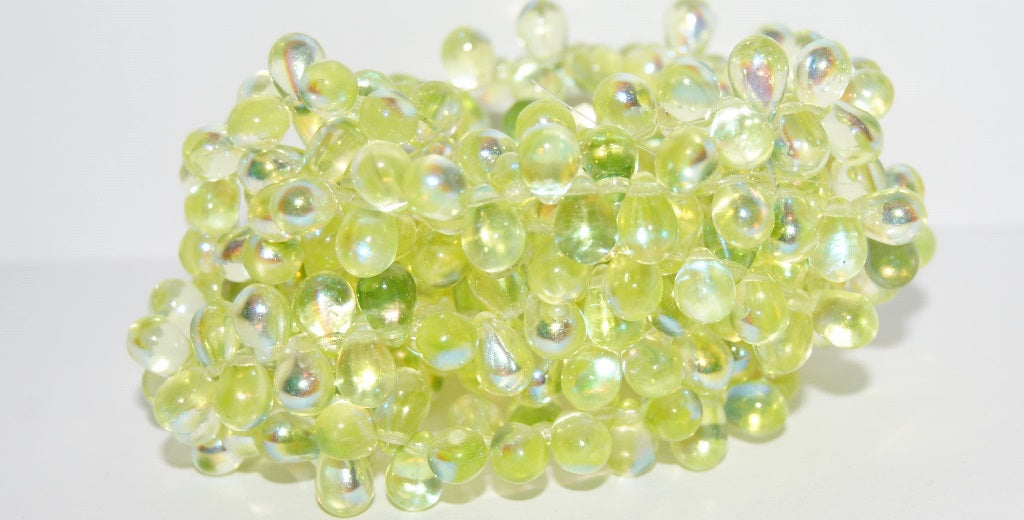 Pear Drop Pressed Glass Beads, Transparent Yellow Ab (80130 Ab), Glass, Czech Republic