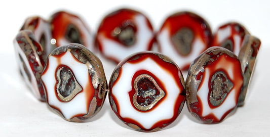 Table Cut Round Beads With Heart, Coral 43400 (7913 43400), Glass, Czech Republic