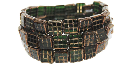 Table Cut Square Beads With Grid, Transparent Green Emerald Bronze (50150 14415), Glass, Czech Republic
