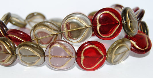 Round Flat Wit Convex Heart Pressed Glass Beads, Mixed Colors Red 54202 (Mix Red 54202), Glass, Czech Republic