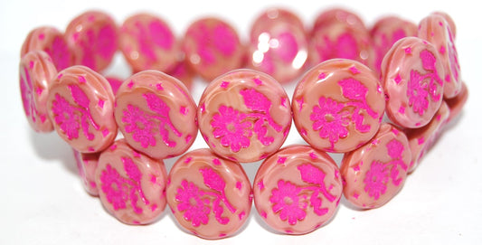 Round Flat With Flower Marguerite Pressed Glass Beads, (74020B 46470), Glass, Czech Republic