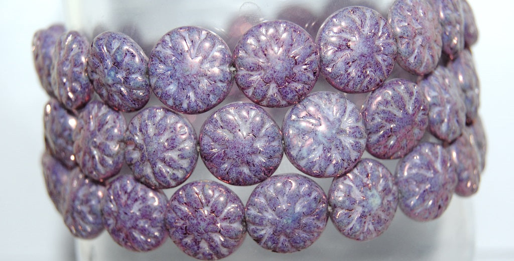 Round Flower Edelweiss Pressed Glass Beads, White Purple (2010 15726), Glass, Czech Republic