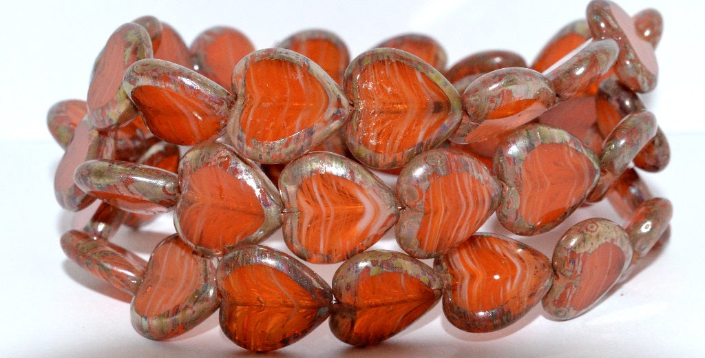 Table Cut Heart Beads, (Orange Opal 43400), Glass, Czech Republic