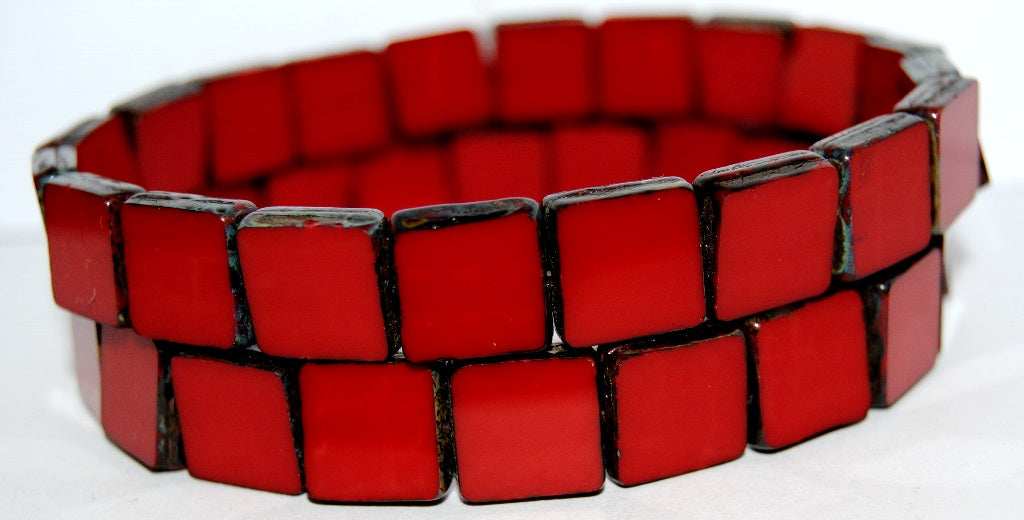 Table Cut Square Beads, 1313 Opaque Red Travertin (1313 93200 86800), Glass, Czech Republic