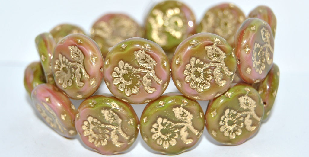 Round Flat With Flower Marguerite Pressed Glass Beads, (77553 54202), Glass, Czech Republic
