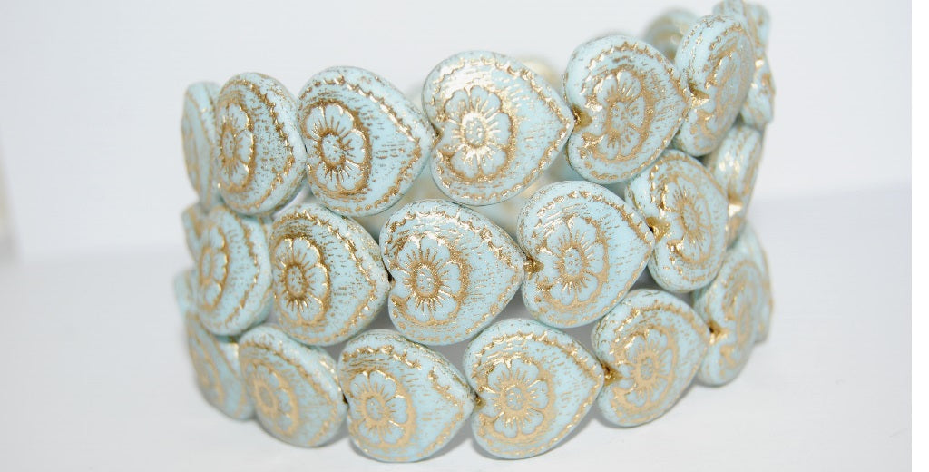 Heart With Flower Pressed Glass Beads, Blue 54202 Antiq (63000 54202 Antiq), Glass, Czech Republic