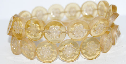 Table Cut Round Beads With Flower, Transparent Orange Luster Cream (10030 14401), Glass, Czech Republic