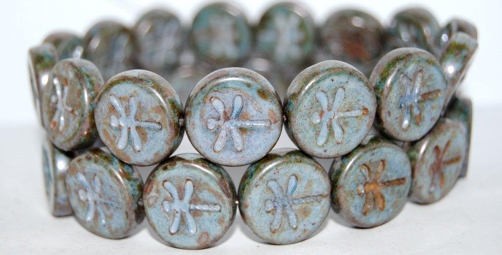 Round Flat Wit Dragonfly Pressed Glass Beads, White Luminescent Green (2010 65431), Glass, Czech Republic