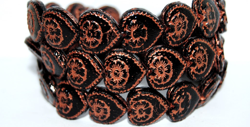 Heart With Flower Pressed Glass Beads, Black 55307 (23980 55307), Glass, Czech Republic