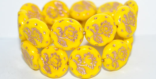 Round Flat With Flower Marguerite Pressed Glass Beads, Yellow 54200 (83120 54200), Glass, Czech Republic