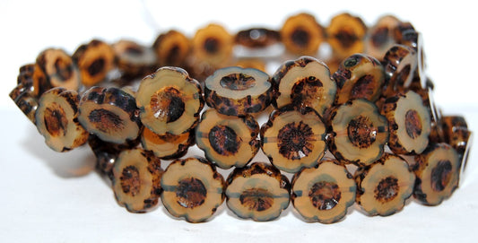 Table Cut Round Beads Hawaii Flowers, Brown Travertin (11010 86800), Glass, Czech Republic