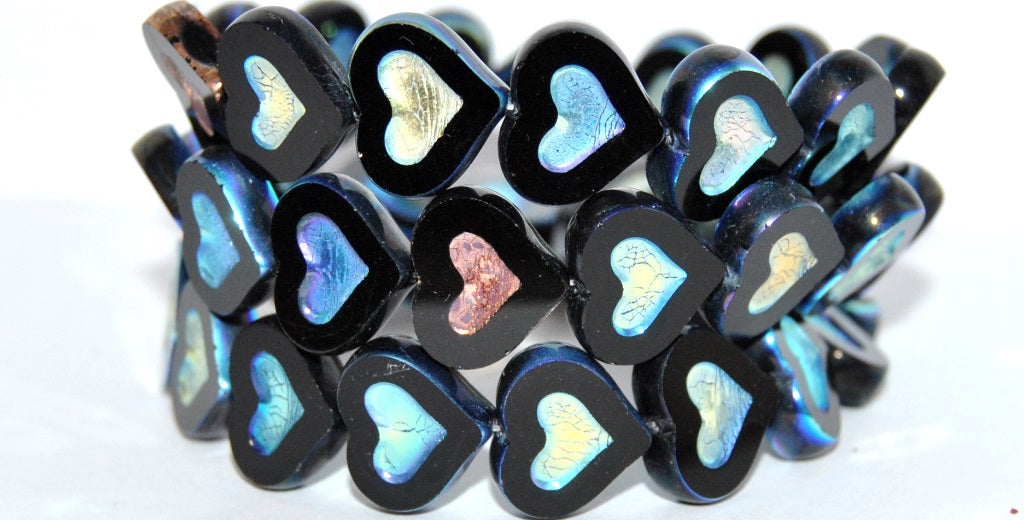 Table Cut Heart Beads With Heart, Black Ab 2Xside (23980 Ab 2Xside), Glass, Czech Republic