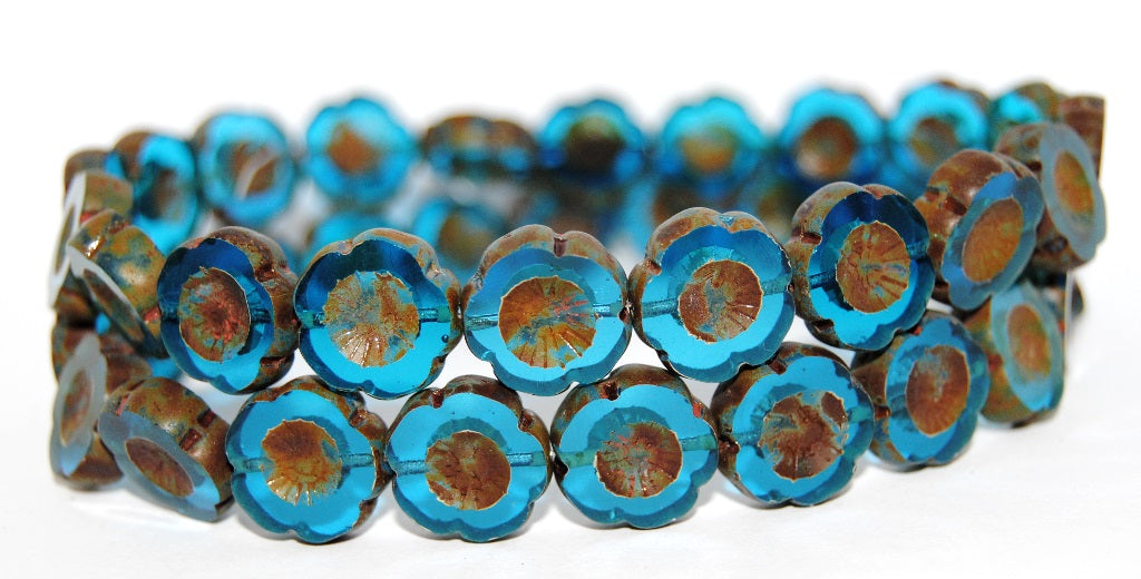 Table Cut Round Beads Hawaii Flowers, Transparent Aqua Travertin (60040 86800), Glass, Czech Republic