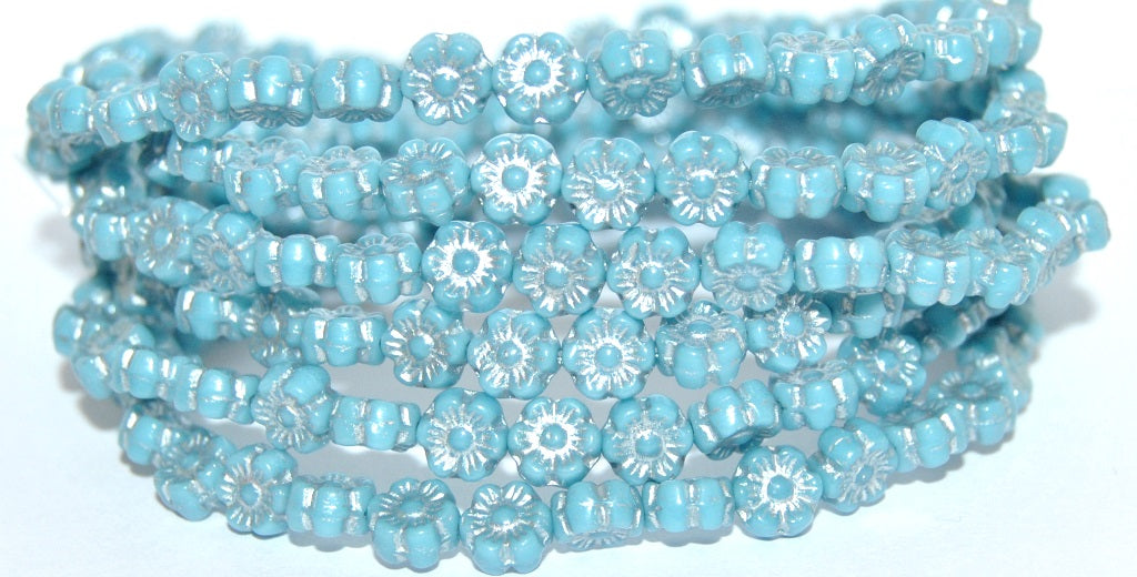 Hawaii Flower Pressed Glass Beads, Turquoise Blue 54201 (63030 54201), Glass, Czech Republic