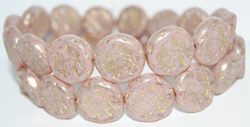 Round Flat With Flower Marguerite Pressed Glass Beads, Crystal Lava Glass Pink 54202 (30 Lava Glass Pink 54202), Glass, Czech Republic