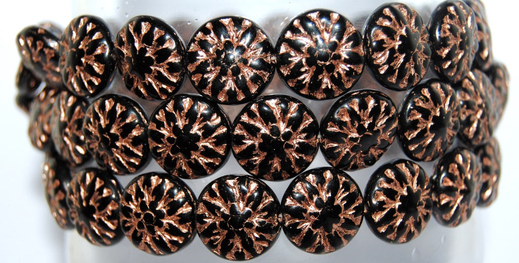 Round Flower Edelweiss Pressed Glass Beads, Black 54200 (23980 54200), Glass, Czech Republic