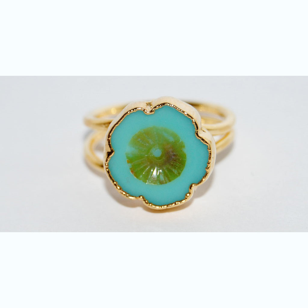 Adjustable Ring with Polished Czech Glass Bead, Hawaiian Flower 16 mm (G-14-I)