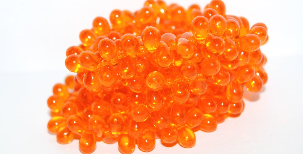Pear Drop Pressed Glass Beads, Transparent Orange (90020), Glass, Czech Republic
