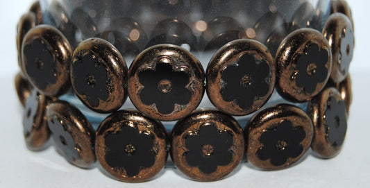Table Cut Round Beads With Flower, Black Bronze (23980 14415), Glass, Czech Republic