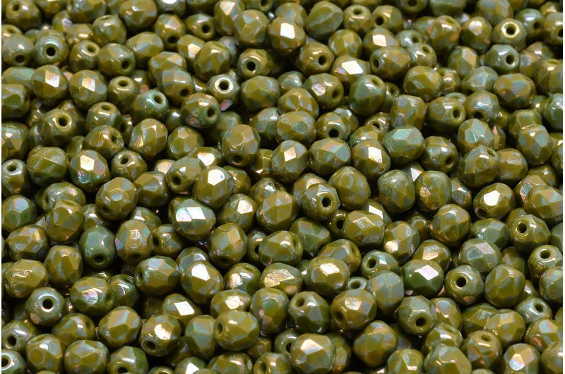 Faceted Fire Polished Round Beads, Green Nebula (53420-15001), Glass, Czech Republic