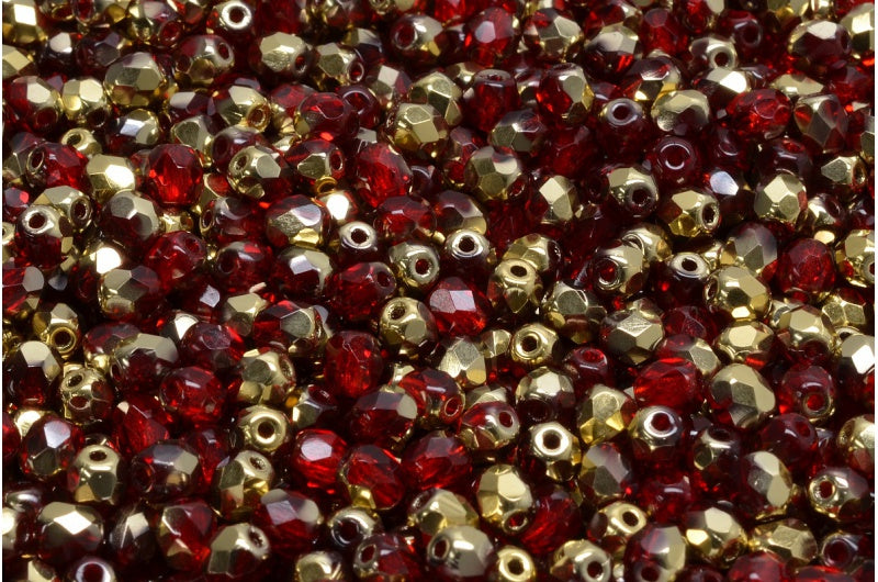 ファセット加工ラウンドビーズ、ルビーレッドゴールド（90080-26441）、ボヘミアクリスタルガラス、チェコ共和国