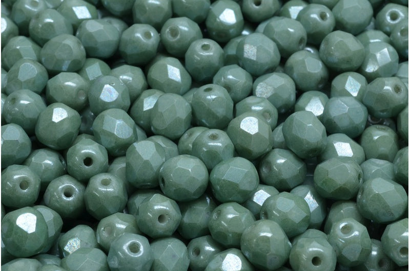 Fire Polished Faceted Beads Round, Chalk White Luster Green Full Coated (03000-14459), Bohemia Crystal Glass, Czech Republic