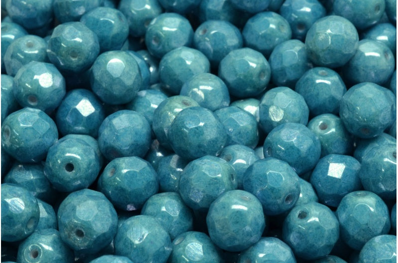 Fire Polished Faceted Beads Round, Chalk White Luster Blue Full Coated (03000-14464), Bohemia Crystal Glass, Czech Republic