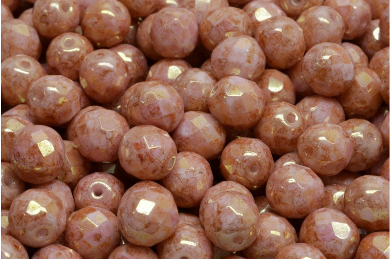 ファセット加工ビーズ ラウンド、チョークホワイトラスターレッドフルコーティング（03000-14495）、ボヘミアクリスタルガラス、チェコ共和国