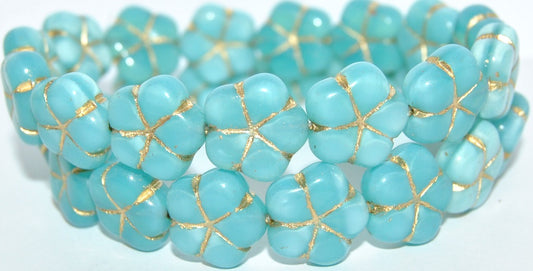 5-Petal Flower Pressed Glass Beads, Opal Aqua 54202 (61300 54202), Glass, Czech Republic