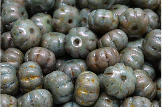 Pumpkin Beads, White Stain With Luster Blue (02010-65431), Glass, Czech Republic