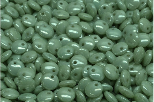 レンズ豆ビーズ、ホワイトラスターグリーンフルコーティング（02010-14457）、ガラス、チェコ共和国