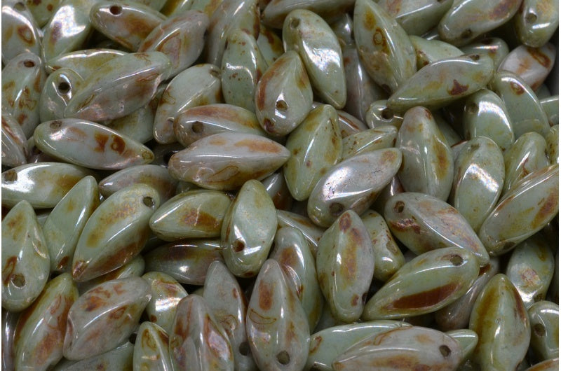 Twist Beads, White Stain With Luster Green (02010-65455), Glass, Czech Republic