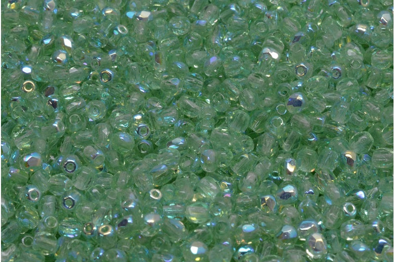 Fire Polished Faceted Beads Round, Transparent Green Ab (50500-28701), Bohemia Crystal Glass, Czech Republic