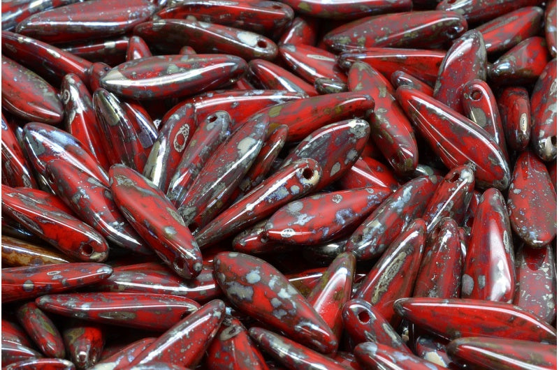 Dagger Beads, Opaque Red Picasso (93200-43400), Glass, Czech Republic