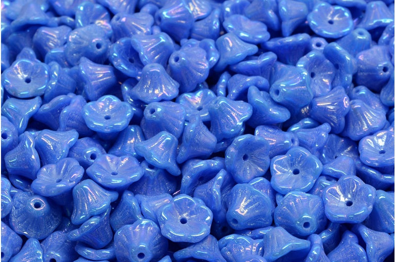 Bell Flower Cup Beads, Opaque Blue Rainbow Iris (33020-21405), Glass, Czech Republic