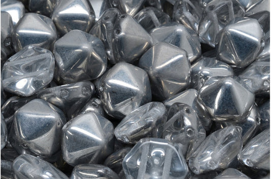 2-Loch-Sechskant-Pyramidenperlen, Kristallkristall-Silber-Halbbeschichtung (00030-27001), Glas, Tschechische Republik