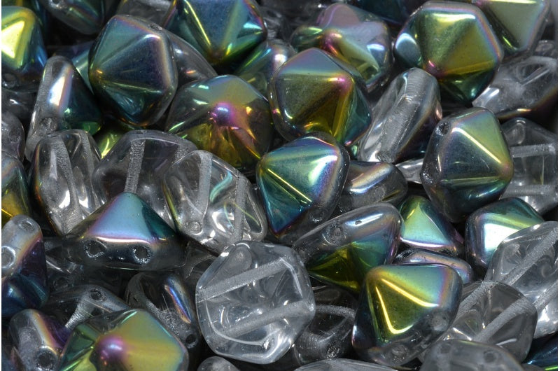 2 孔六角金字塔珠，水晶水晶 Vitrail 中等涂层 (00030-28101)，玻璃，捷克共和国